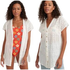 Marine Layer NWT Eyelet Airy Tunic White Size S V-Neck Relaxed Fit Short Sleeve